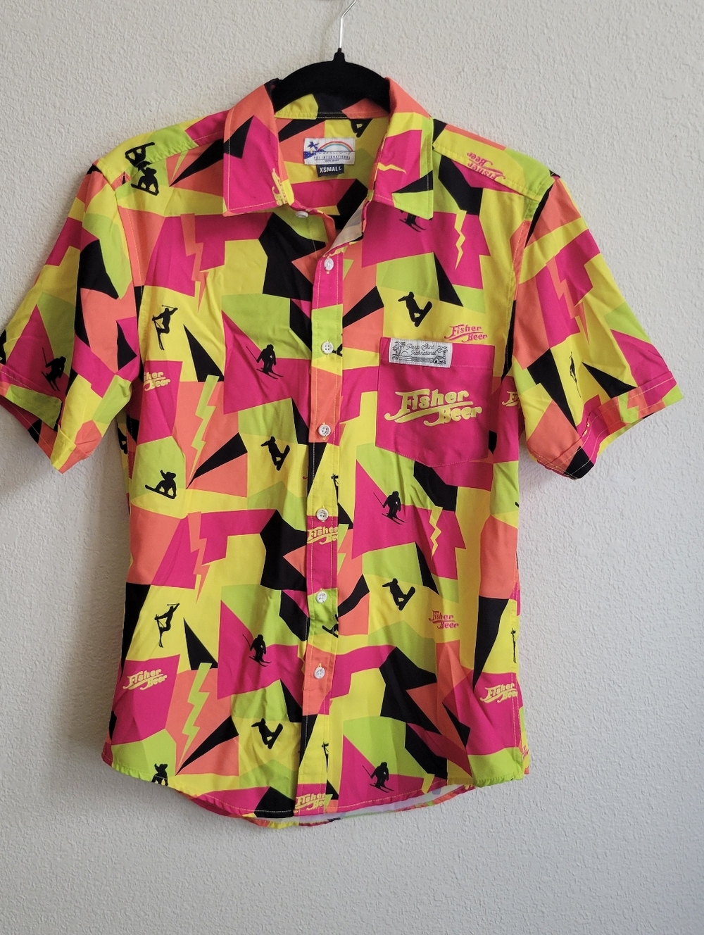 PSI Internatl Fisher Beer Neon Short Sleeve Button Up Party Shirt Extra Small.